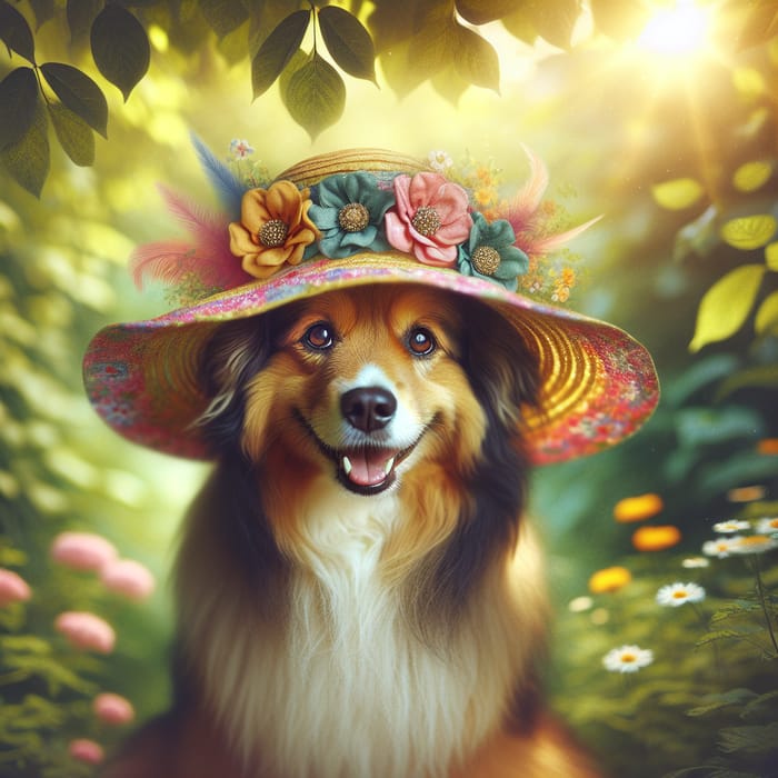 Playful Dog in Colorful Sunhat Surrounded by Flowers and Feathers