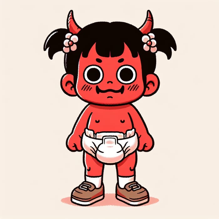 Cartoon Toddler Oni Girl with Red Skin & Pigtails