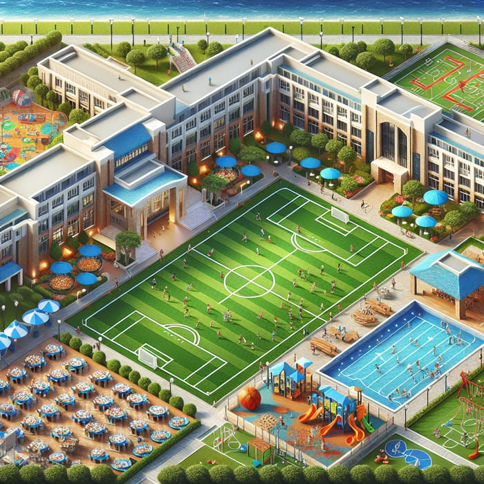 Modern School Campus with Football Field, Cafeteria, Pool & Playground