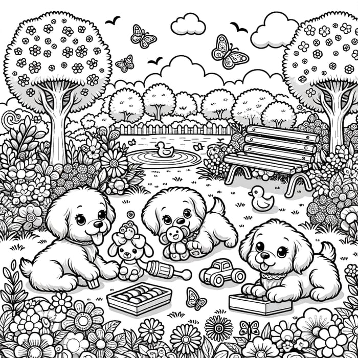 Coloring Book: Playful Puppies in Flower Garden