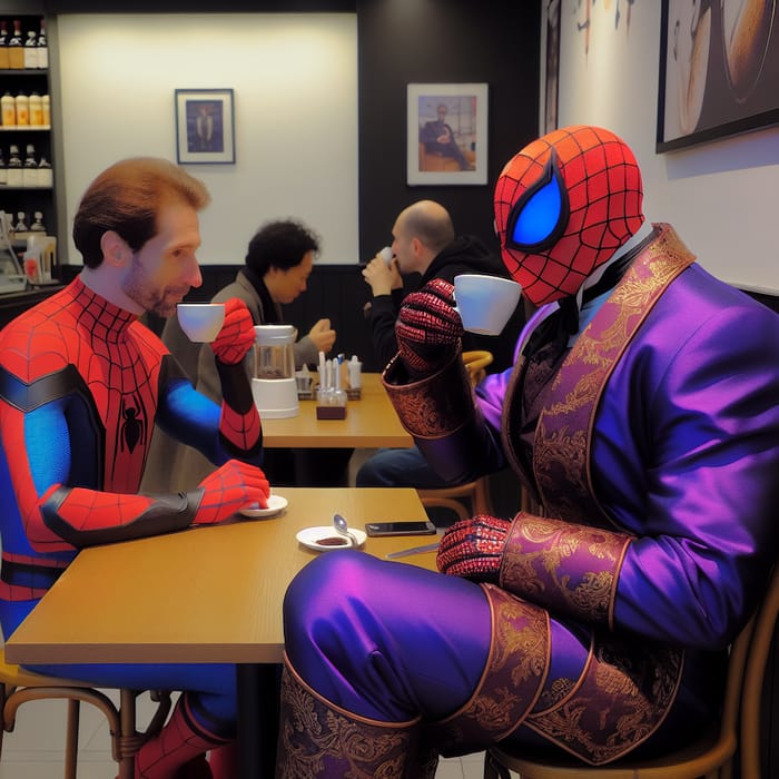 Spiderman sips coffee with Hyperreal Thanos