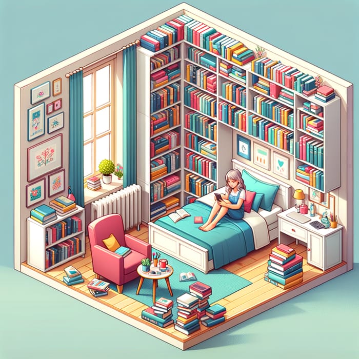 Isometric Bedroom with Bookcases: Vibrant Book-Lover's Paradise