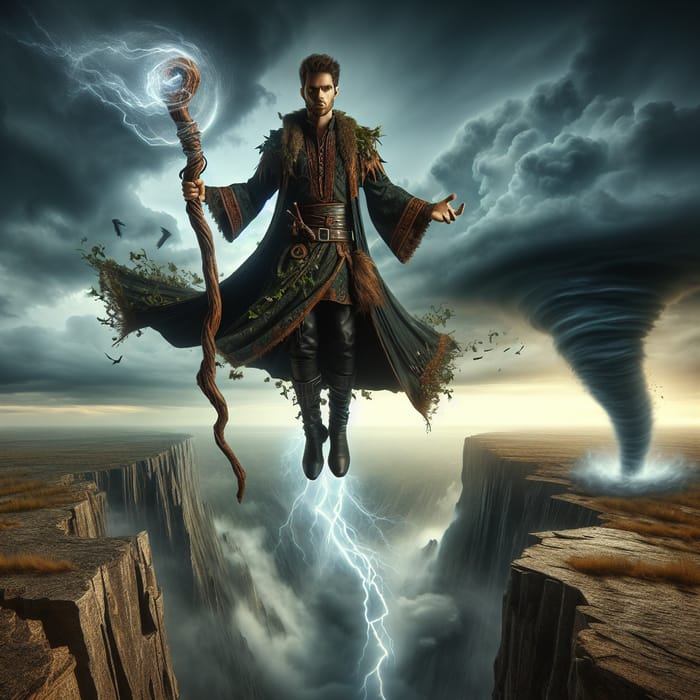 Male Druid Soaring on Tornado - Mystical Cliff Scene