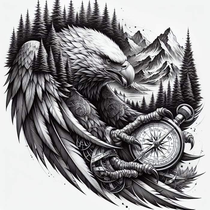 Detailed Eagle & Compass Tattoo in Realistic Monochrome Style