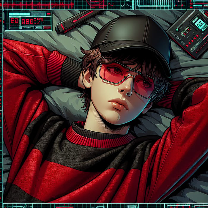 Cyberpunk Boy with Brown Hair, Cap on Bed