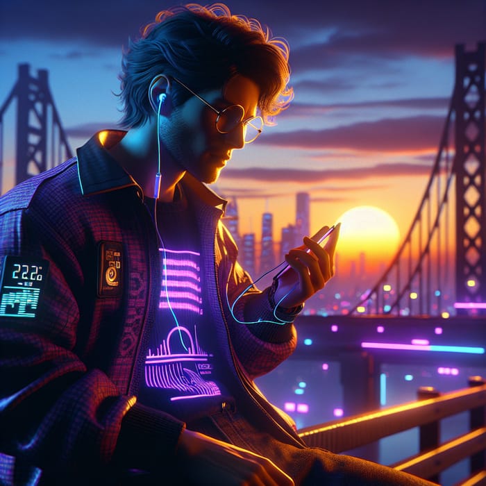 Cyberpunk Man with Brown Hair and Glasses Listening to Music on Bridge at Sunrise