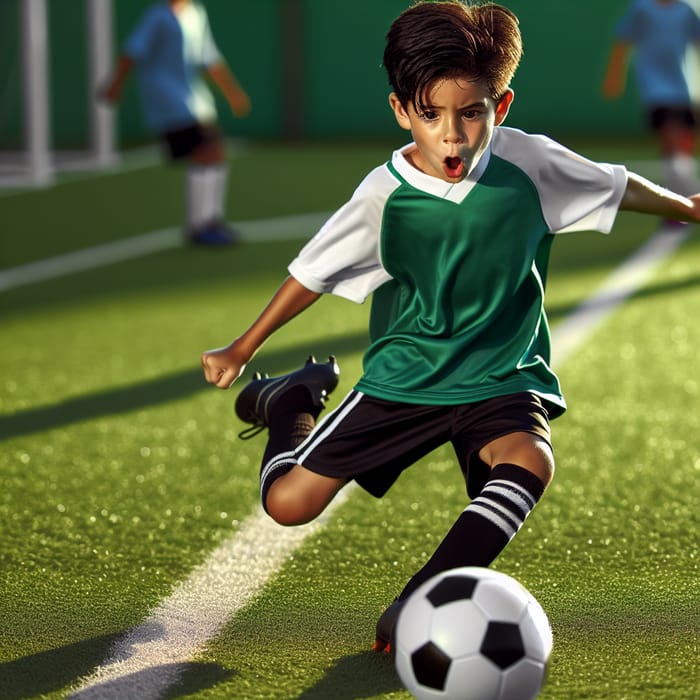 Boy Playing Football: Passionate Kick on Sunlit Field