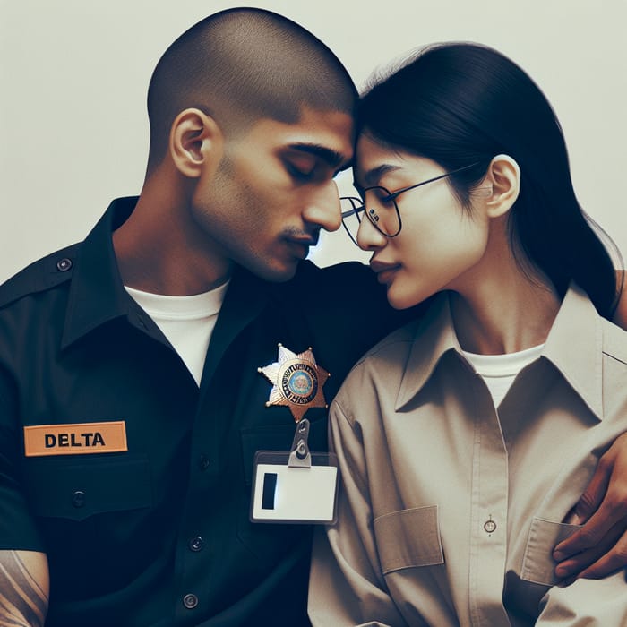 Tender Moment of Kissing Couple: South Asian Man in BJMP Delta Uniform and Eyeglass-Wearing Woman
