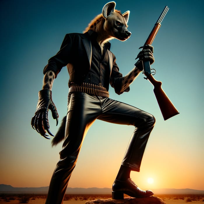 Hyena Bandit in Black Leather Pants with Rifle