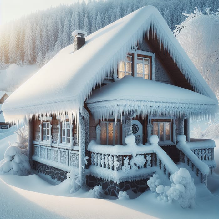 Snow-Covered House with Icicles: A Winter Scene