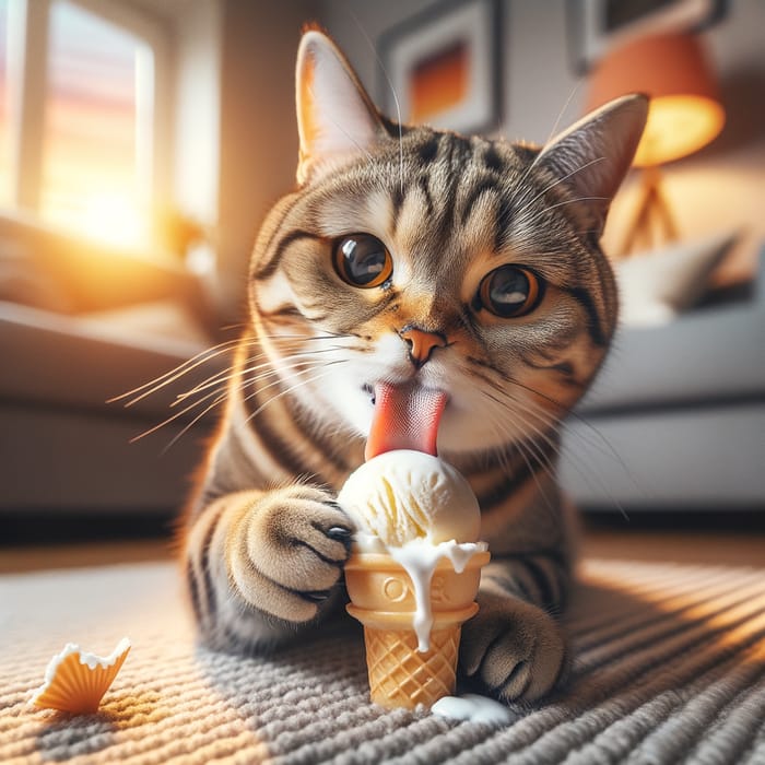 Adorable tabby cat eating ice cream - Playful and sweet moment