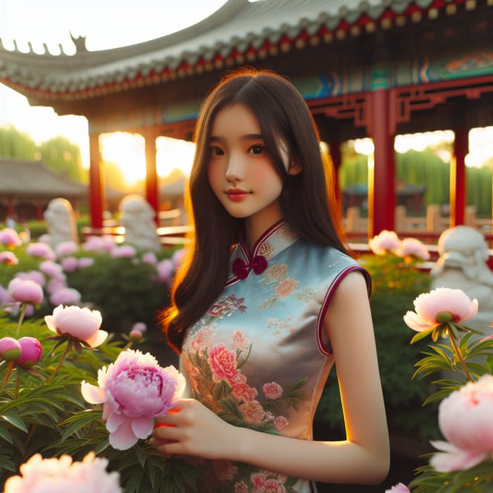 Elegant Chinese Girl with Long Hair in Tranquil Garden Setting