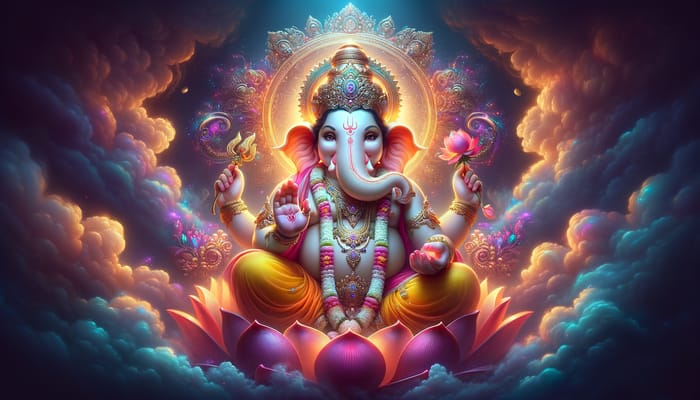 God Ganesha: Blessing Pose Amid Vibrant Colors & Mystic Clouds