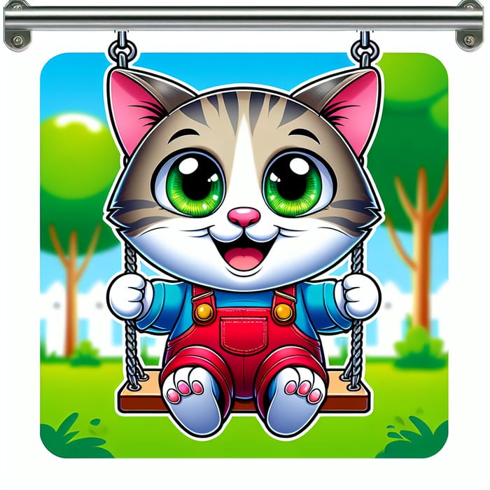 Playful Cartoon Cat Swinging in Red Overalls