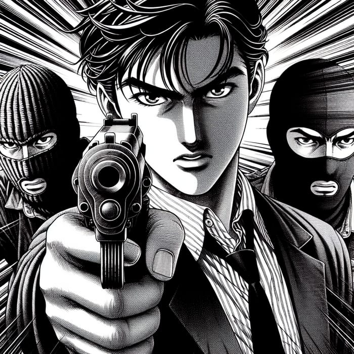 Intense Manga Art: Gunman in Balaclava with Sabattier Effect