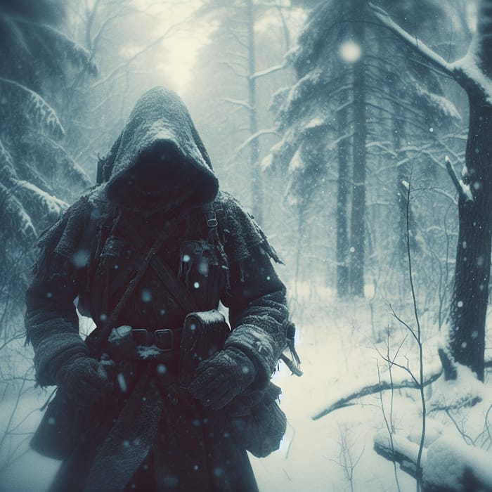 Mysterious Figure in Snowy Forest | Ethereal Fantasy Scene