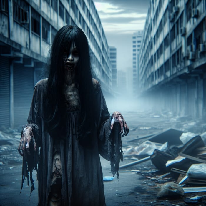 Haunting Asian Female Zombie in Abandoned City