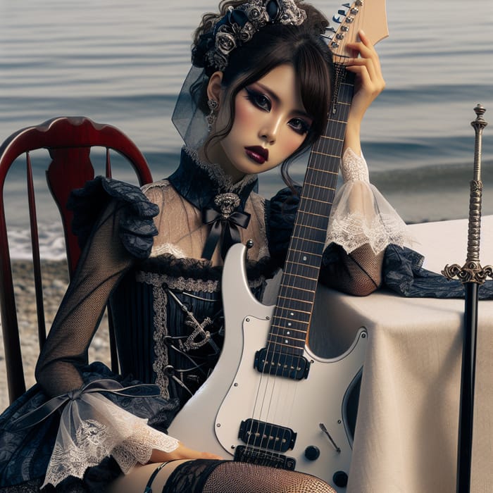 Beautiful Japanese Woman in Gothic Lolita Fashion with Electric Guitar