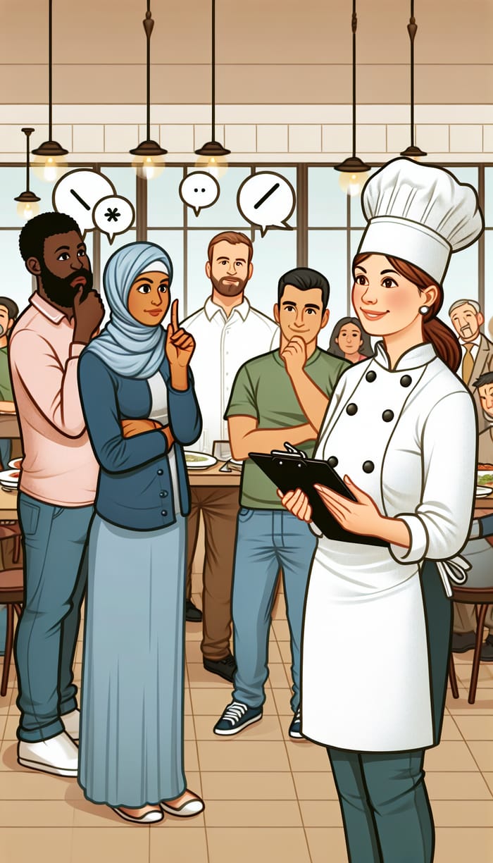 Chef Handling Customer Complaints: Diverse Scene in Busy Restaurant