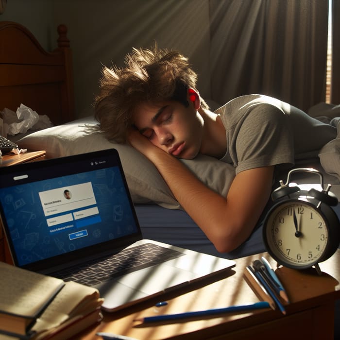 Teenage Boy Wakes up Late for Online School