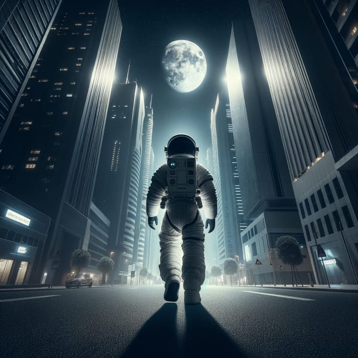 Astronaut Walking Forward in Moonlit Urban Street