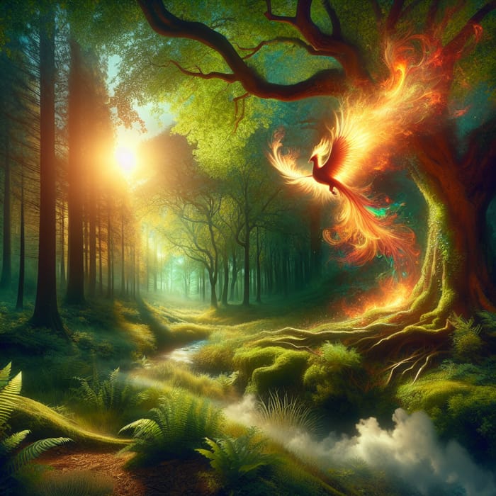 Captivating Tree and Phoenix Scene | Fiery Mythical Creature in Forest