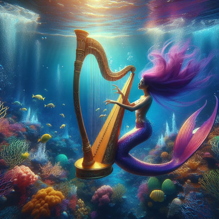 Enchanting Mermaid Harp Performance in Surreal Underwater Scene