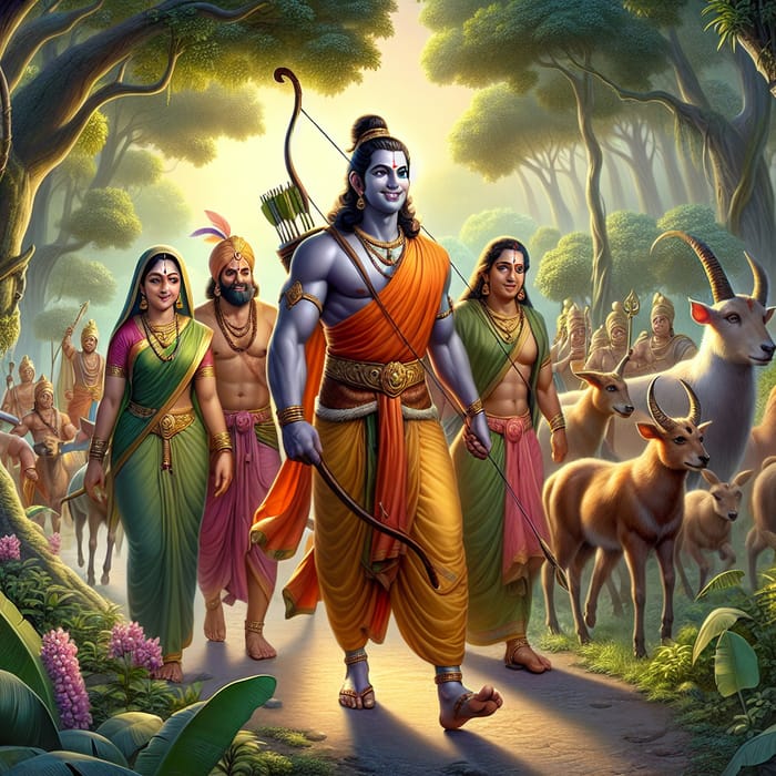 Symbolic Scene from Ramayana: Rama's Joyous Homecoming with Sita, Bharata, and Hanuman