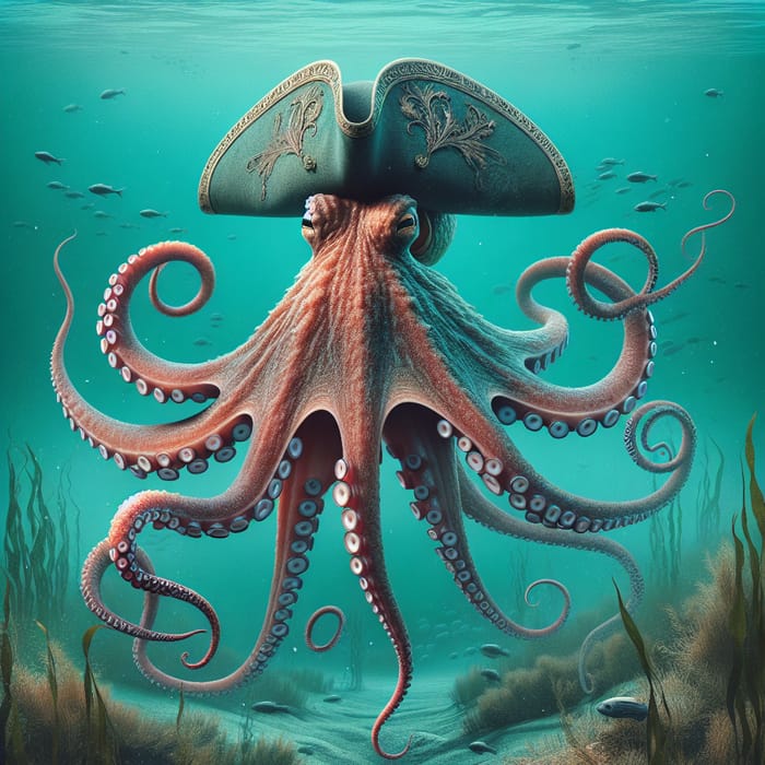 Octopus with Tricorn Pirate Hat in Teal Ocean Depths