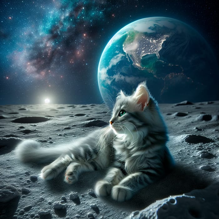 Playful Cat on the Moon | Serene Cosmic Scene