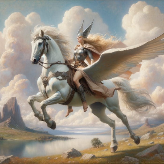 Ethereal Valkyrie Riding Her White Horse Above Clouds - Oil Painting Masterpiece