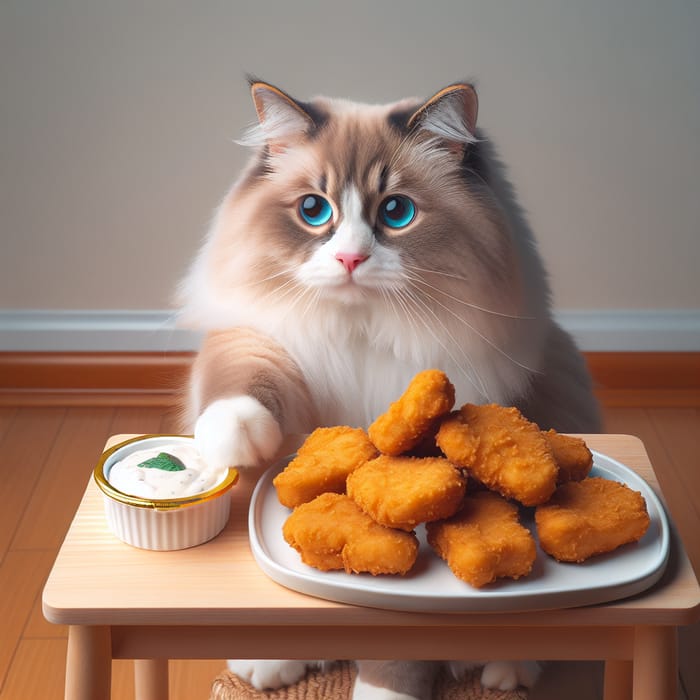 Cute Cat Eating Golden Chicken Nuggets with Ranch Sauce