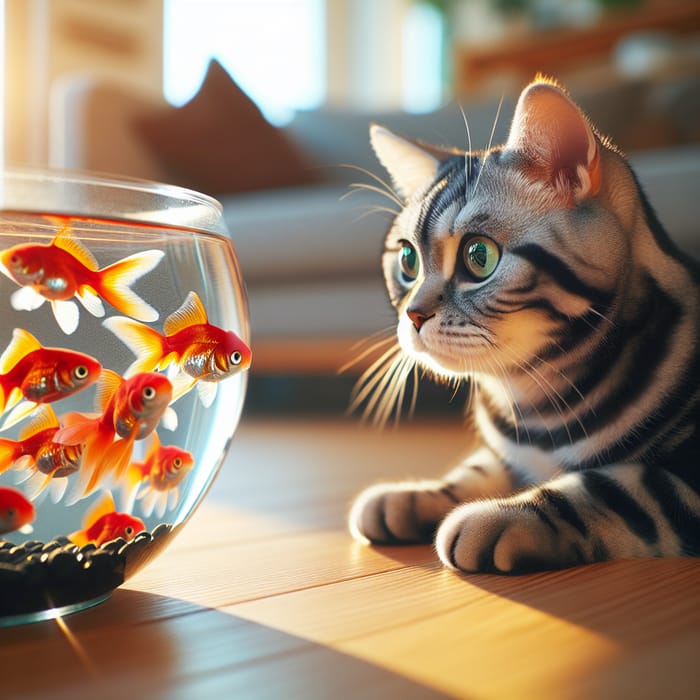 Curious Cat Watches Colorful Fish - Aquatic Serenity