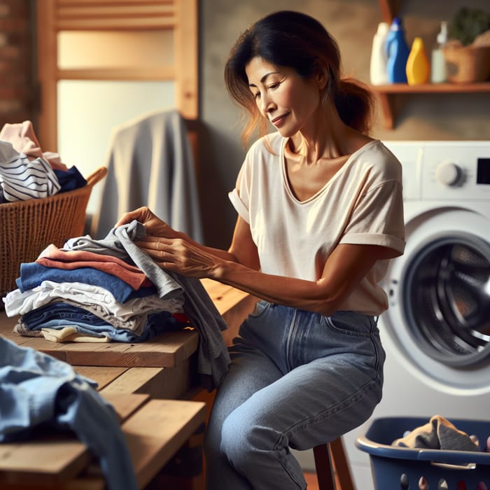 Joyful South Asian Mother Doing Laundry: Simple Domestic Happiness