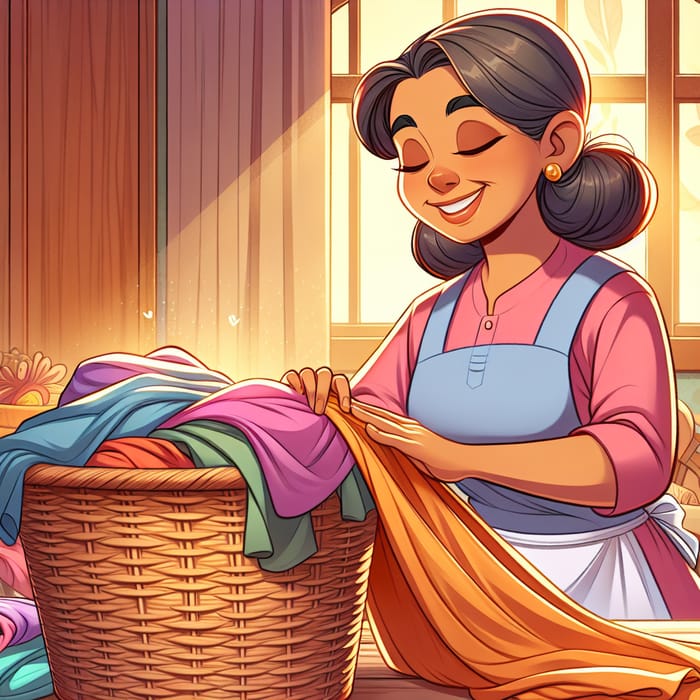 Wholesome South Asian Mother Cartoon: Laundry Day Serenity