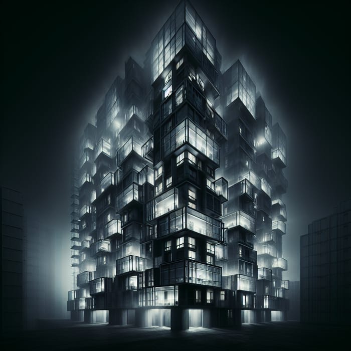 Mysterious Glass Apartment in High-Rise at Night