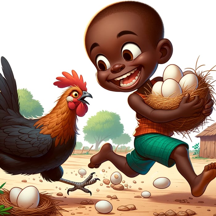 Adventurous African Child on the Run from Pursuing Hen