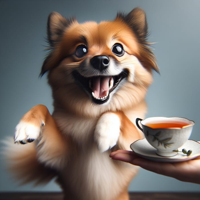 Playful Dancing Dog with Tea Cup | Joyful and Cute