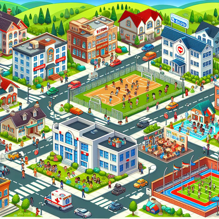 Colorful Cartoon Town Planning: Residential Buildings, School, Post Office, Hospital, Stadium, Bank