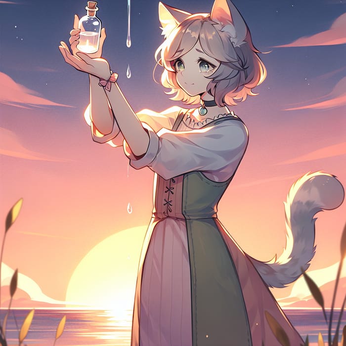 Anime Cat Girl Pouring Tribute - A Poignant Moment