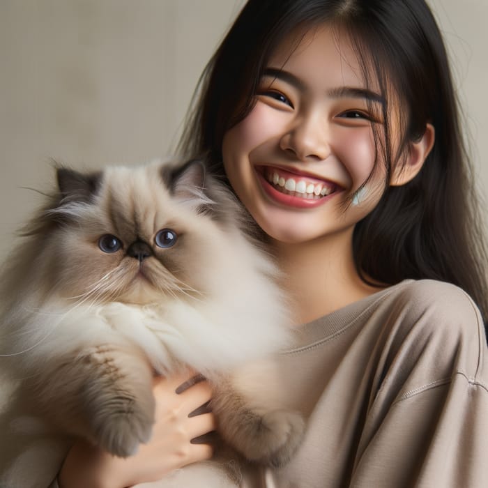 Cheerful Asian Girl with Fluffy Himalayan Cat | Heartwarming Scene