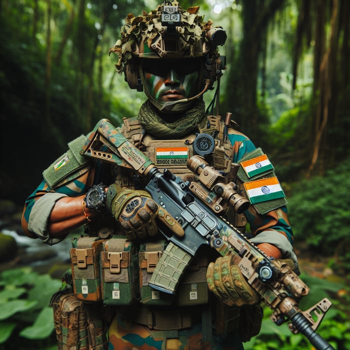 Indian Gurkha Soldier in Full Jungle Camouflage with AK-74 Rifle and Night Vision Goggles