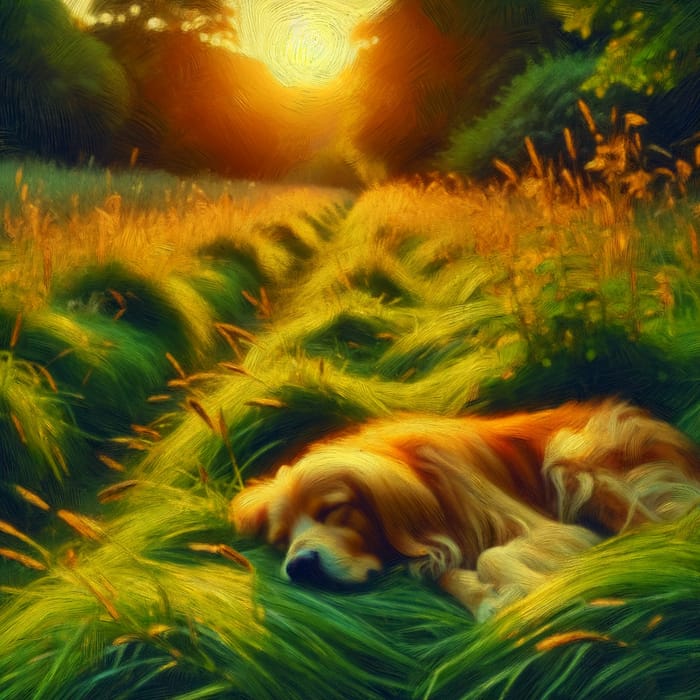Tranquil Sunset Dog In Meadow - Impressionist Nature Painting