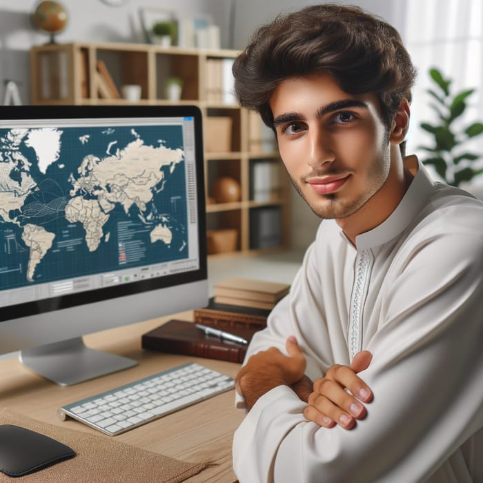 Young Man Working on Computer with World Map Display