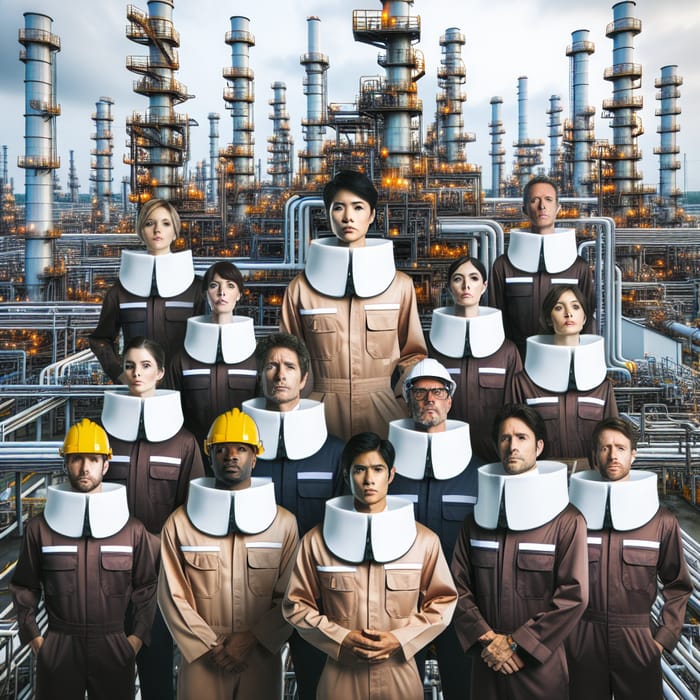 Oil Refinery Workers with White Collars | Corporate-Industrial Contrast