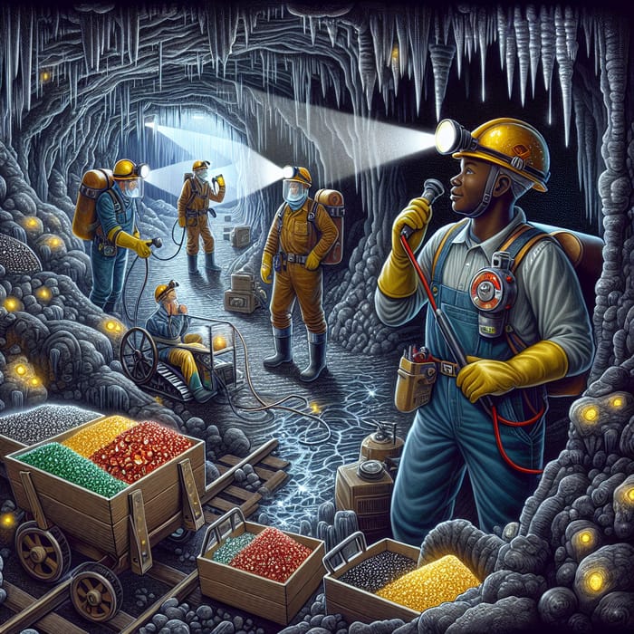 Colorful Stone Mine Exploration and Miners in Gear