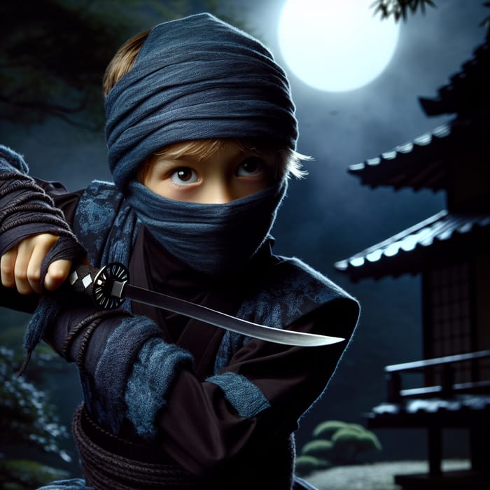 Young Ninja Boy in Moonlit Japanese Garden