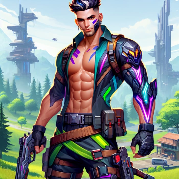Fortnite Style Character Maurice with Neon Outfit and High-Tech Weapons