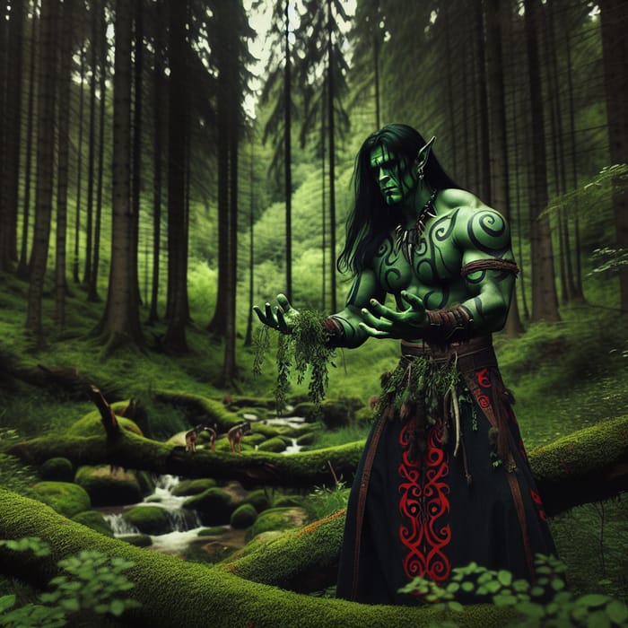 Mysterious Male Half-Orc Druid in Black and Red Attire
