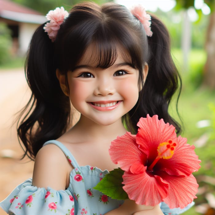 Cute 5-Year-Old Thai Girl with Bright Smile and Hibiscus